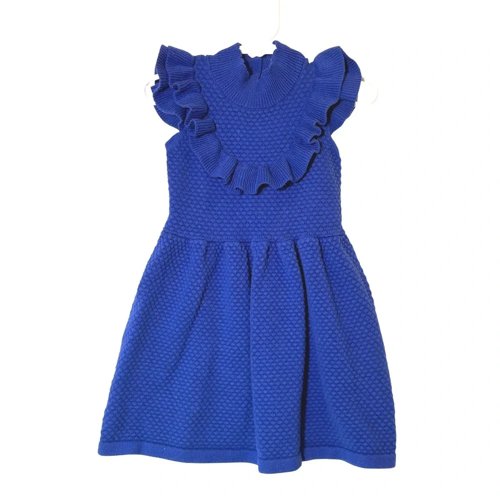 Janie and Jack Girls 2T‎ Royal Blue Ruffle Textured Knit Sweater Dress Mock Neck